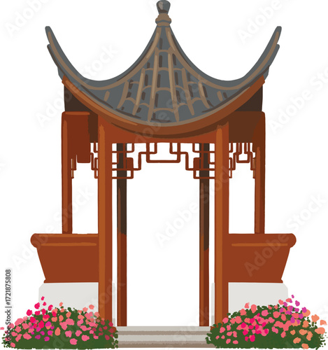 An ornate wooden gazebo with a tiled roof flanked by flower beds