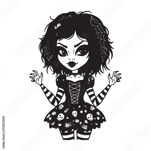 Goth Girl With Spiders And Skulls On White Background
