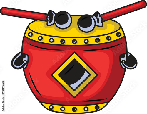 Animated red and yellow drum with eyes and drumsticks