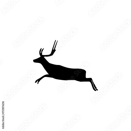This striking silhouette of a leaping deer, rendered in a clean, bold black shape against a white background, conveys a sense of energy and freedom.