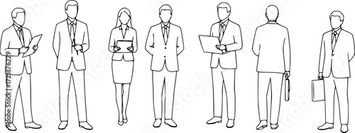 Business people line cad art. Vector illustration of business men and women standing walking talking working in front back and side view. Symbol for architecture and landscape design drawing. 
