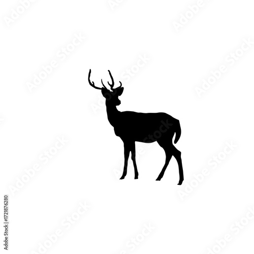 A simple, elegant silhouette of a deer, set against a pure white background.