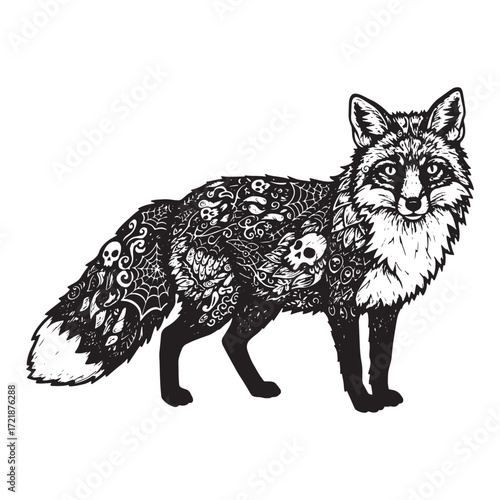 Ornate Black and White Fox with Skulls and Spiderwebs