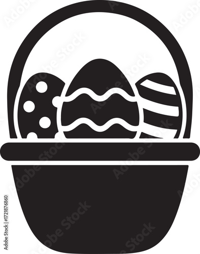 Easter basket with three decorated eggs in a black and white icon Keywords: easter, basket, eggs, decorated