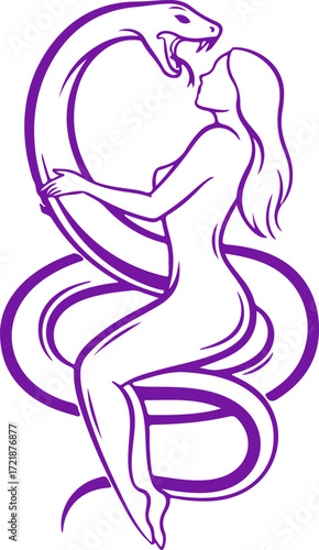 Woman and snake isolated on white background