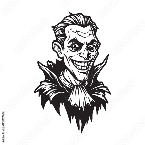 Spooky vampire face with wide grin and sharp teeth