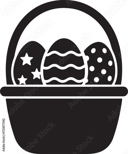 Easter basket with three uniquely decorated eggs in a black icon Keywords: easter, basket, eggs, decorated