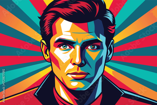 Colorful portrait of a man with bold graphic style against vibrant rays