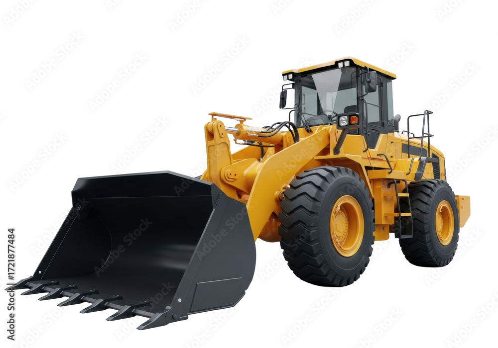 Fototapeta premium Pristine yellow wheel loader, black/yellow bucket, chrome hydraulics, tires, isolated on transparent, shadowless light, concept of industrial power.