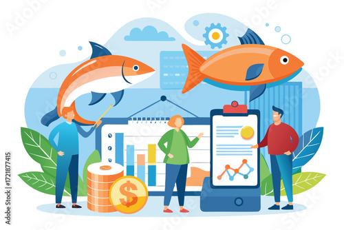Charting growth in fish farming industry with data and analysis in a vibrant and colorful setting