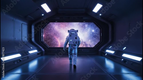 Astronaut Walking Towards Nebula View in Spaceship