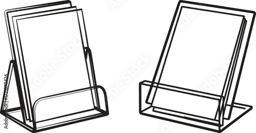 Two clear plastic brochure holders displaying blank paper on a white background