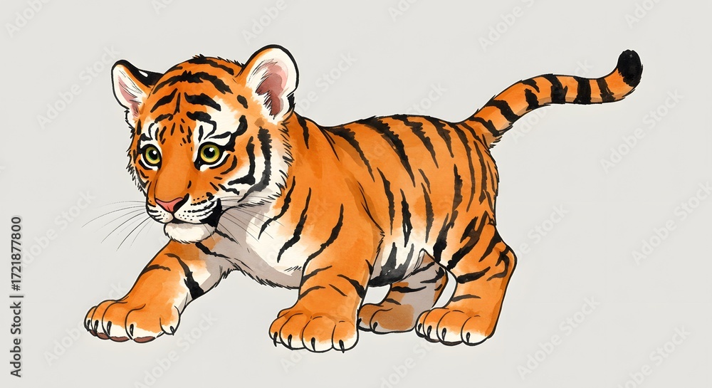 Fototapeta premium Cute Tiger Cub Illustration - Adorable Watercolor Style