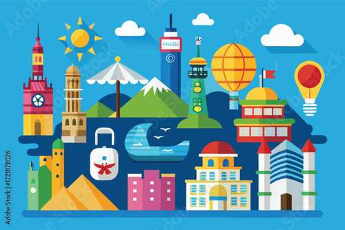 Colorful illustration showcasing famous global landmarks and activities in a playful design