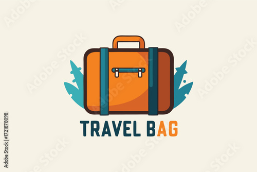 Bright orange travel bag design with tropical leaves for adventure seekers on a light background