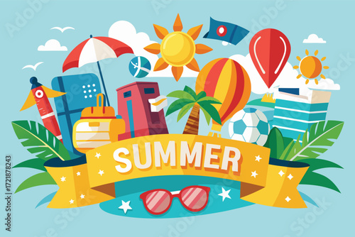 Colorful summer celebration graphic featuring fun activities and vacation essentials in a bright design