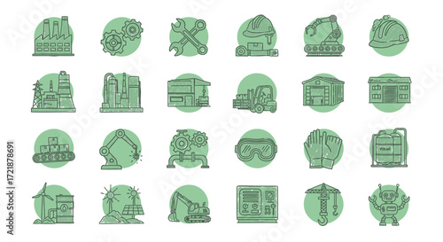 Comprehensive Set of Industrial and Manufacturing Line Icons Engineering, Construction, and Production Vector Symbols for Modern Business Concepts