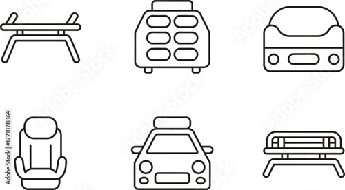 Collection of hand drawn icons representing different types of seating and vehicles