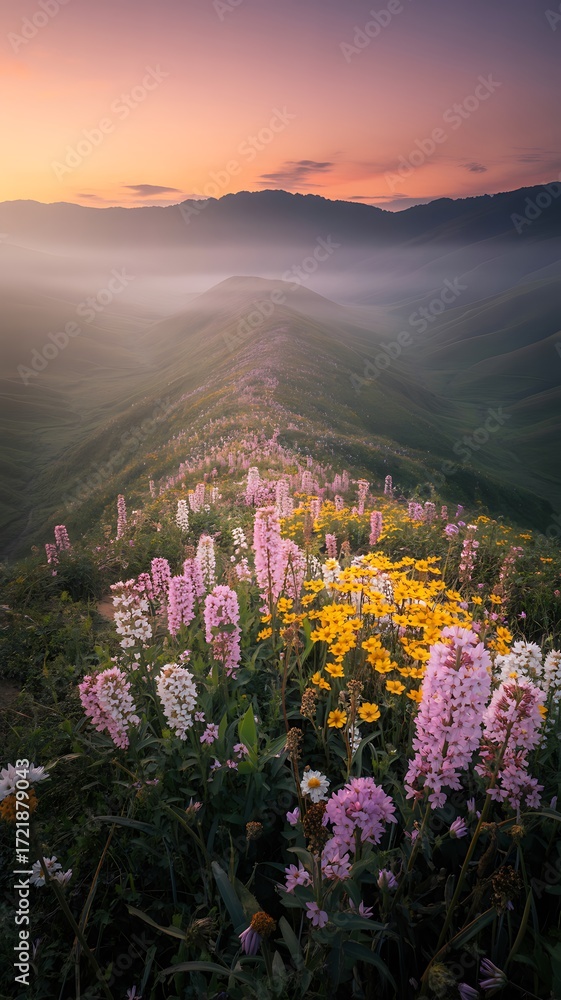 Fototapeta premium Beautiful Mountain Meadow at Sunset with Flowers and Foggy Background