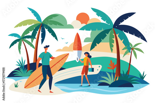 Surfers enjoying a sunny day at the beach with palm trees and waves