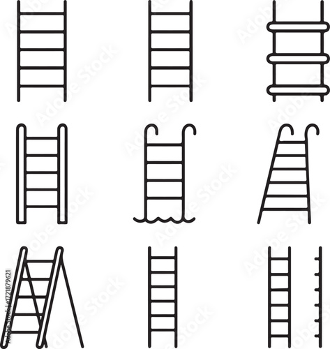 Nine Different Styles of Ladders in Black Outline Icons step ladder extension ladder