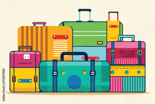 Colorful stacked luggage bags ready for travel adventure at a bright location