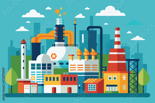Industrial complex with colorful buildings and smokestacks in a city skyline during daytime