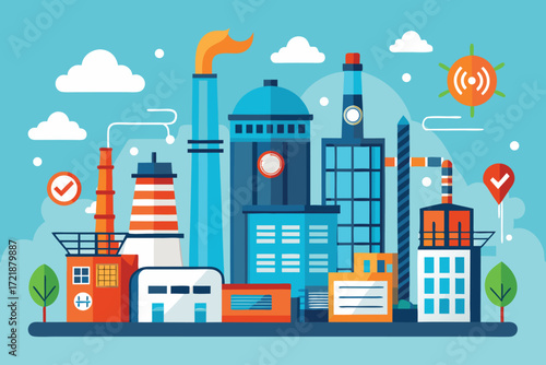 Industrial city skyline with factories, smokestacks, and modern architecture amidst a bright blue sky