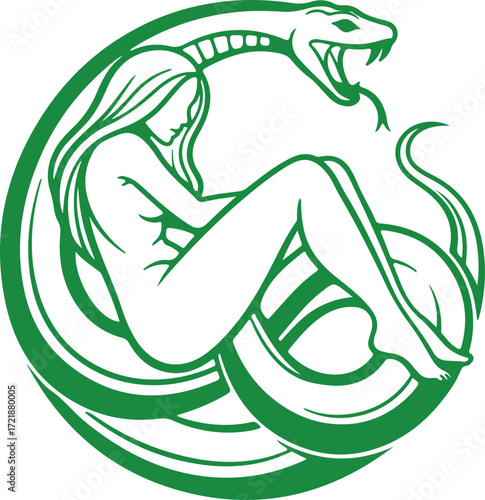 Woman with snake isolated on white background