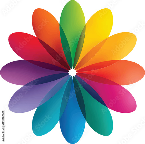 a logo with seven large, colorful petals arranged in an inner circle and a smaller outer ring, representing the full spectrum of color
