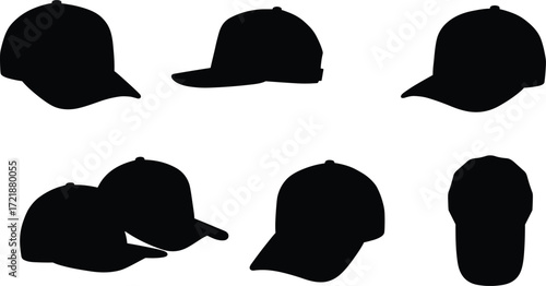 Black baseball cap silhouettes in multiple angles front side back top view sports headwear vector illustration isolated on white background