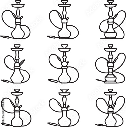 Nine Outline Hookah Pipe Icons With Different Hose Arrangements shisha waterpipe