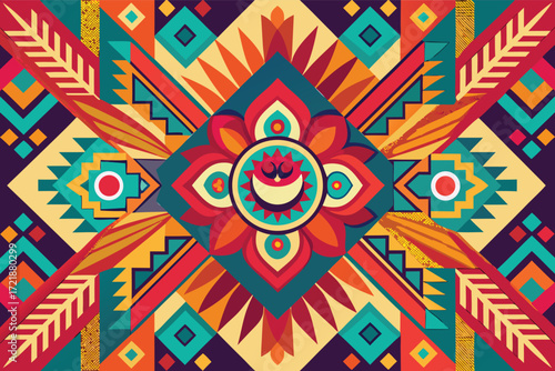 Colorful geometric pattern featuring vibrant floral and abstract designs inspired by indigenous art
