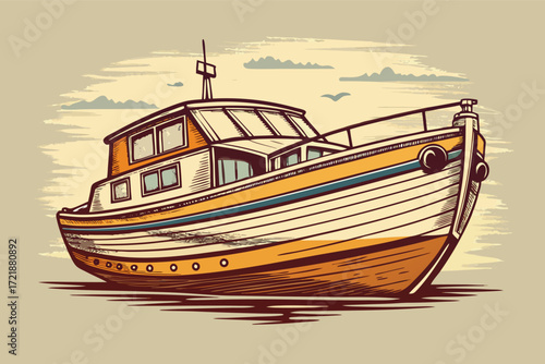 Vintage boat illustration featuring detailed design elements and calm background scenery