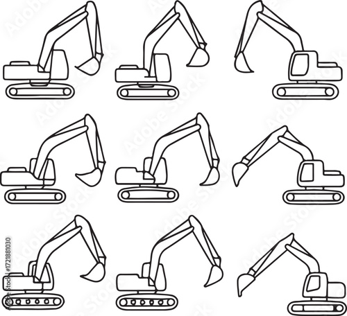 Set of nine line art excavators with different boom and bucket positions Keywords: excavator, digger