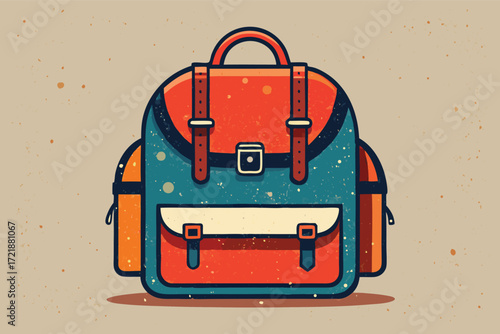 Colorful vintage-style backpack with detailed design and multiple pockets on a neutral background