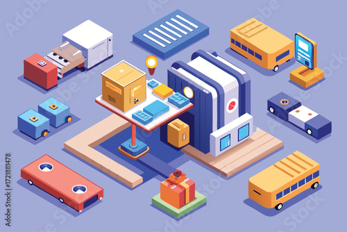 3D illustration of a logistics center with delivery vehicles and packages on a blue background
