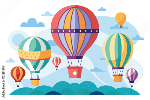 Colorful hot air balloons flying over green hills on a sunny day with blue sky and fluffy clouds