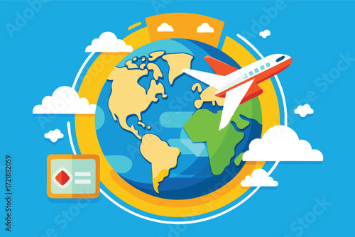 Explore travel adventure with an airplane flying around the globe in a vibrant illustration