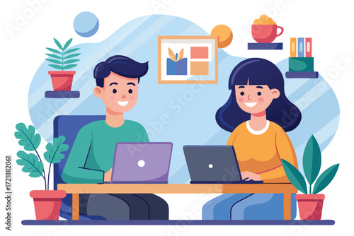 Friends working together at a desk with laptops in a cozy indoor space