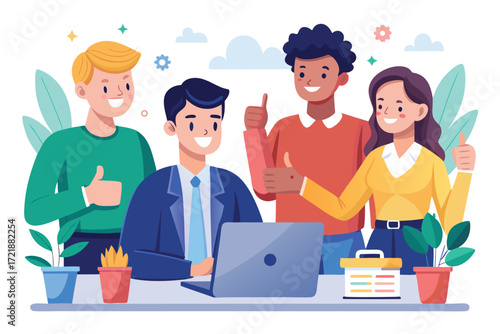 Team members celebrating success at a modern workspace with laptop and plants