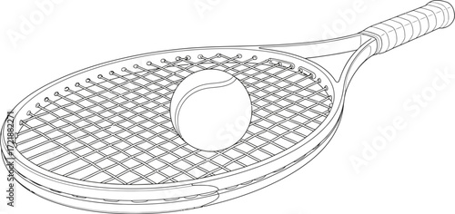 Tennis racket with ball on white, outline illustration, sport