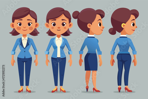 Stylish woman in professional attire poses from different angles in a minimalistic setting