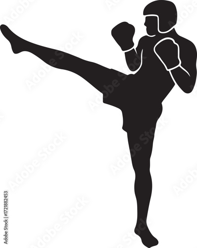 Silhouette of a helmeted male kickboxer executing a high kick on white background Keywords: kickboxer