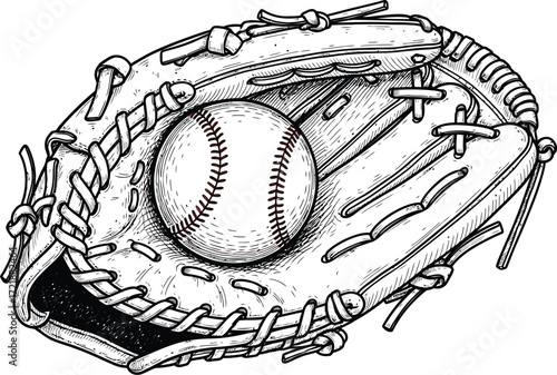 Baseball in a leather glove, hand drawn sketch on white