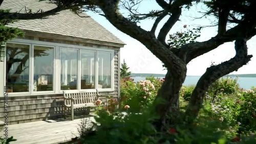 A tranquil seaside cottage, shaded by trees, with a hammock for relaxing.