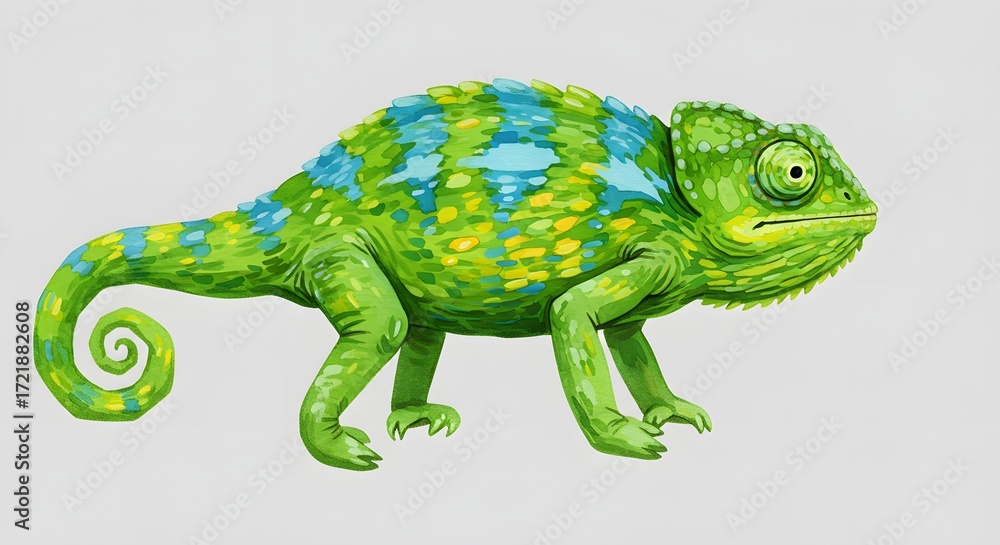 Fototapeta premium Watercolor Chameleon Illustration - Vibrant Reptile with Colorful Spots