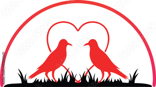 Two Red Birds Facing Each Other Inside Heart Arch On Black Background love romance
