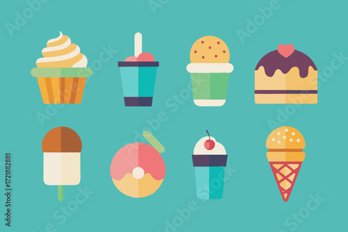 Cute ice cream and dessert set illustration with cupcakes and sweets