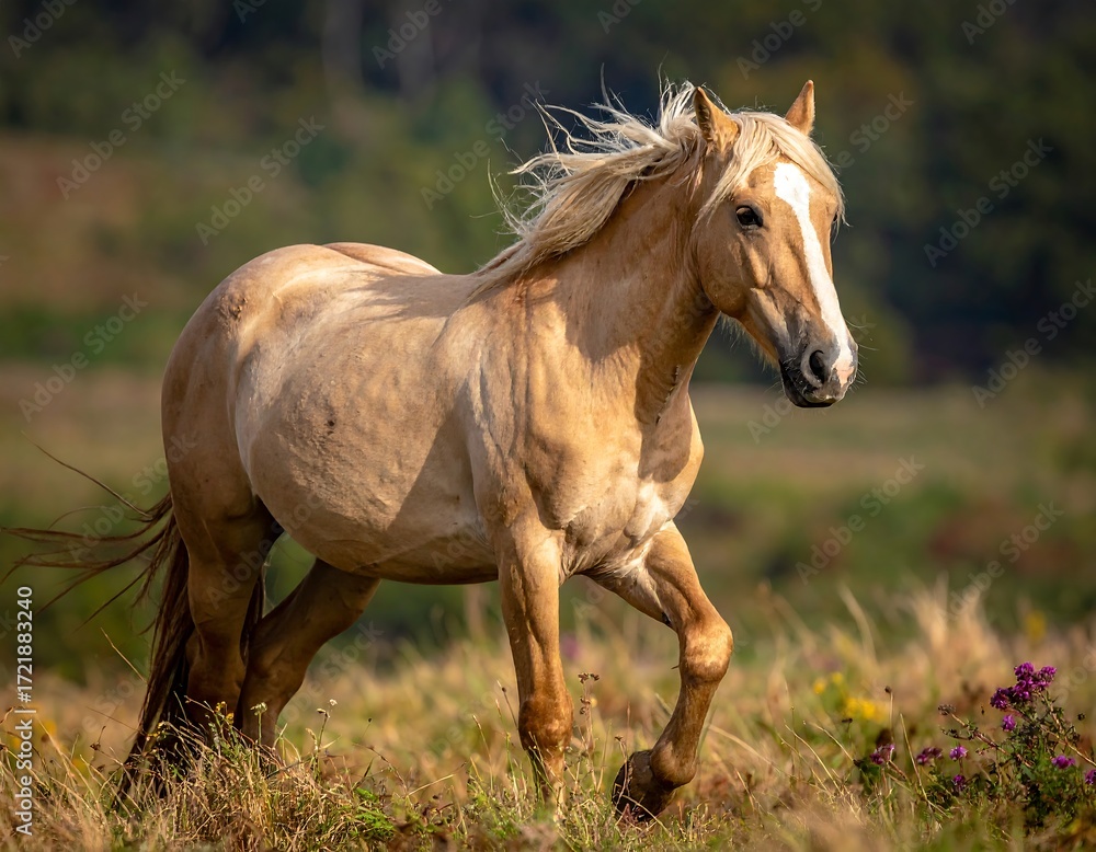 Obraz premium Golden horse galloping in field